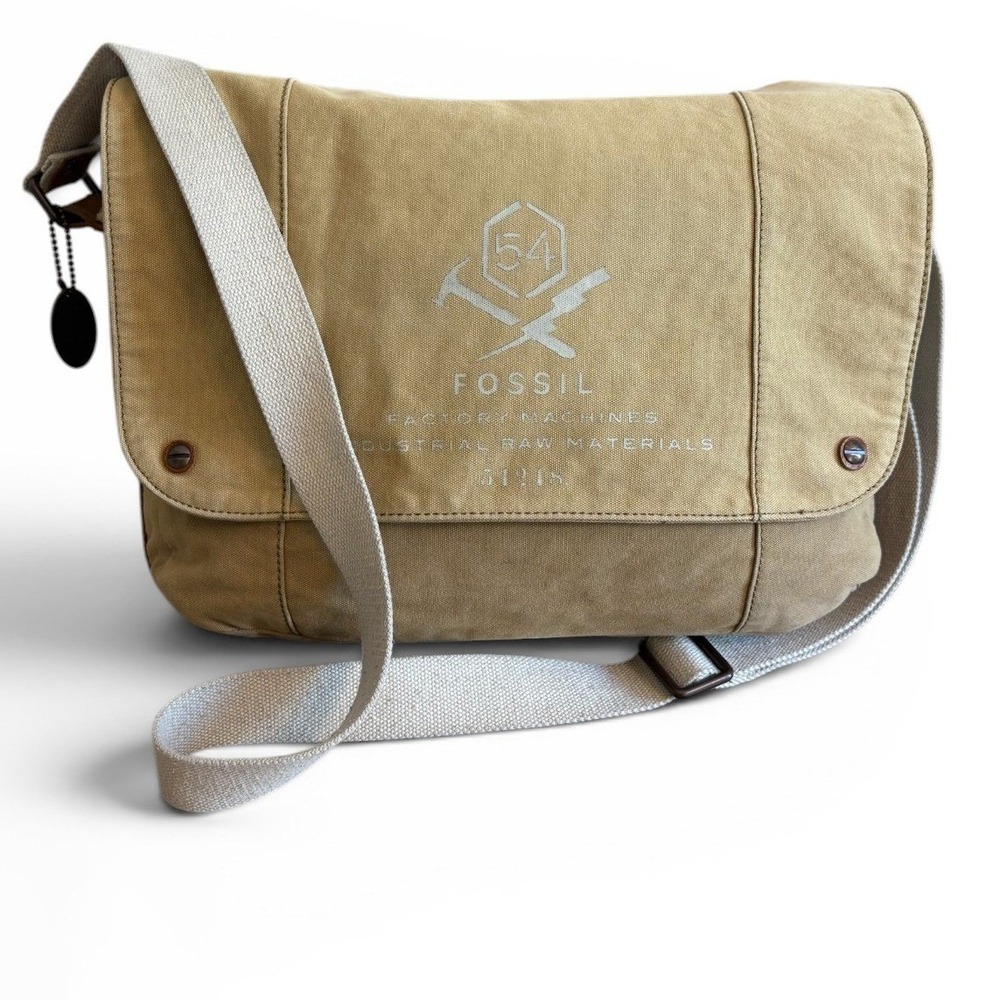 Fossil 54 Factory Machines Large Messenger Bag Khaki Canvas Leather Crossbody - Picture 8 of 8
